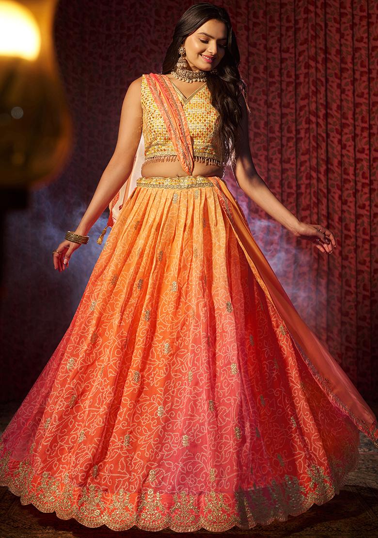 Orange Embroidered Art Silk Lehenga Set