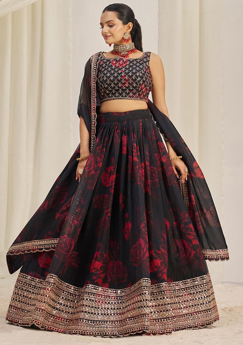 Black Sequin Embroidered Organza Lehenga Set
