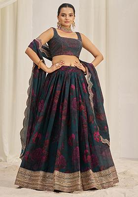 Teal Blue Sequin Embroidered Organza Lehenga Set