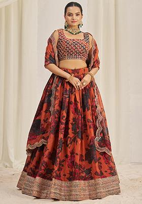 Orange Sequin Embroidered Organza Lehenga Set