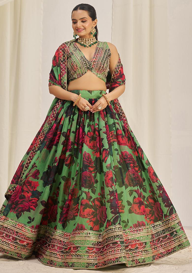 Parrot Green Sequin Embroidered Organza Lehenga Set