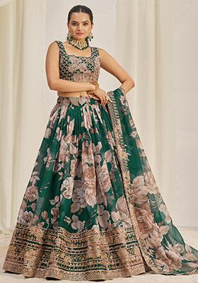 Dark Green Sequin Embroidered Organza Lehenga Set