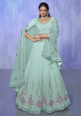 Aqua Blue Embroidered Georgette Lehenga Set