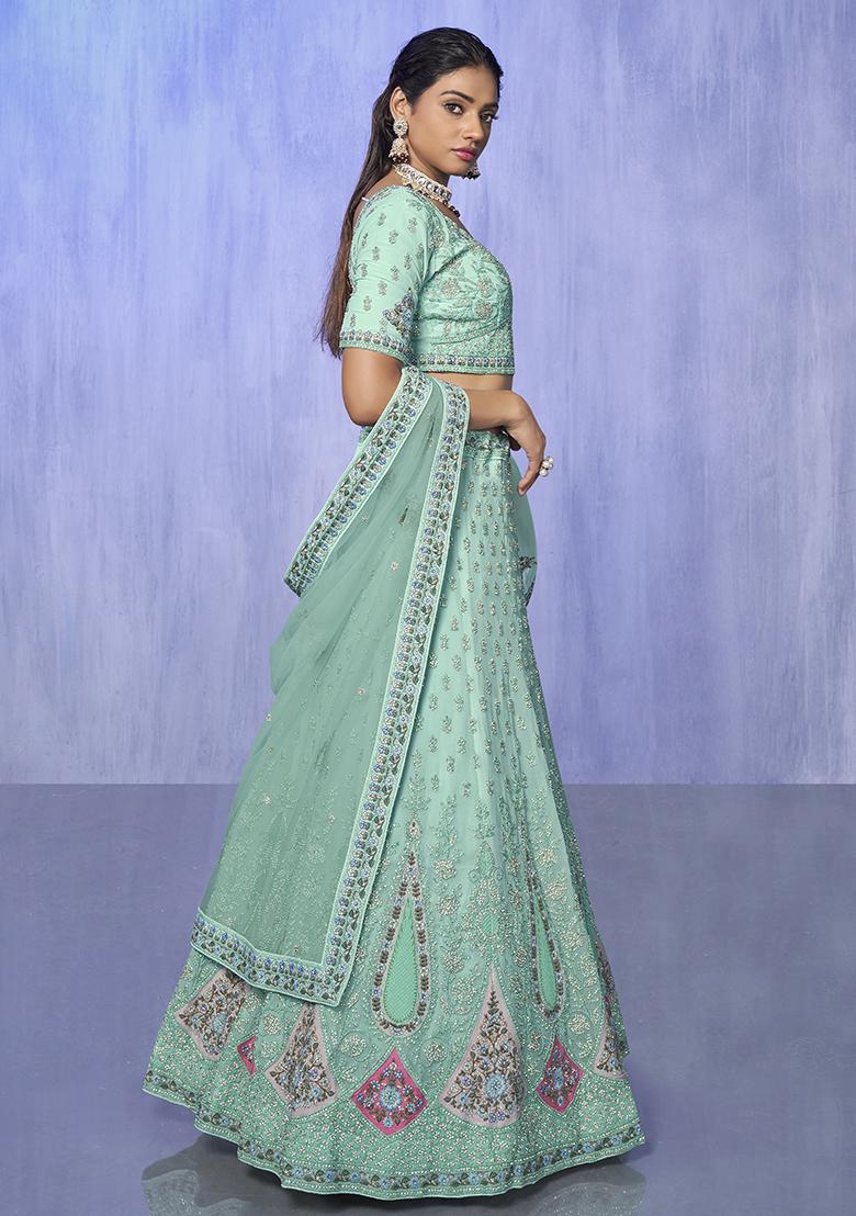 Aqua Blue Embroidered Georgette Lehenga Set