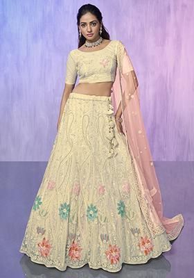 Off White Embroidered Net Lehenga Set