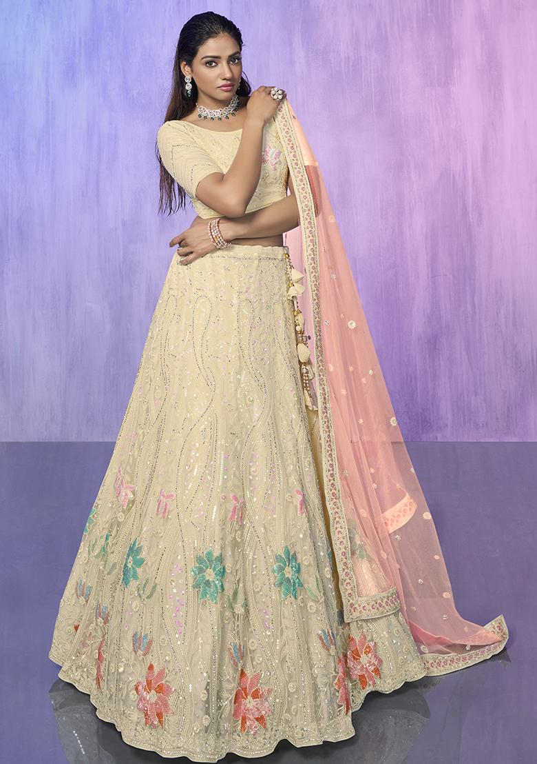 Off White Embroidered Net Lehenga Set