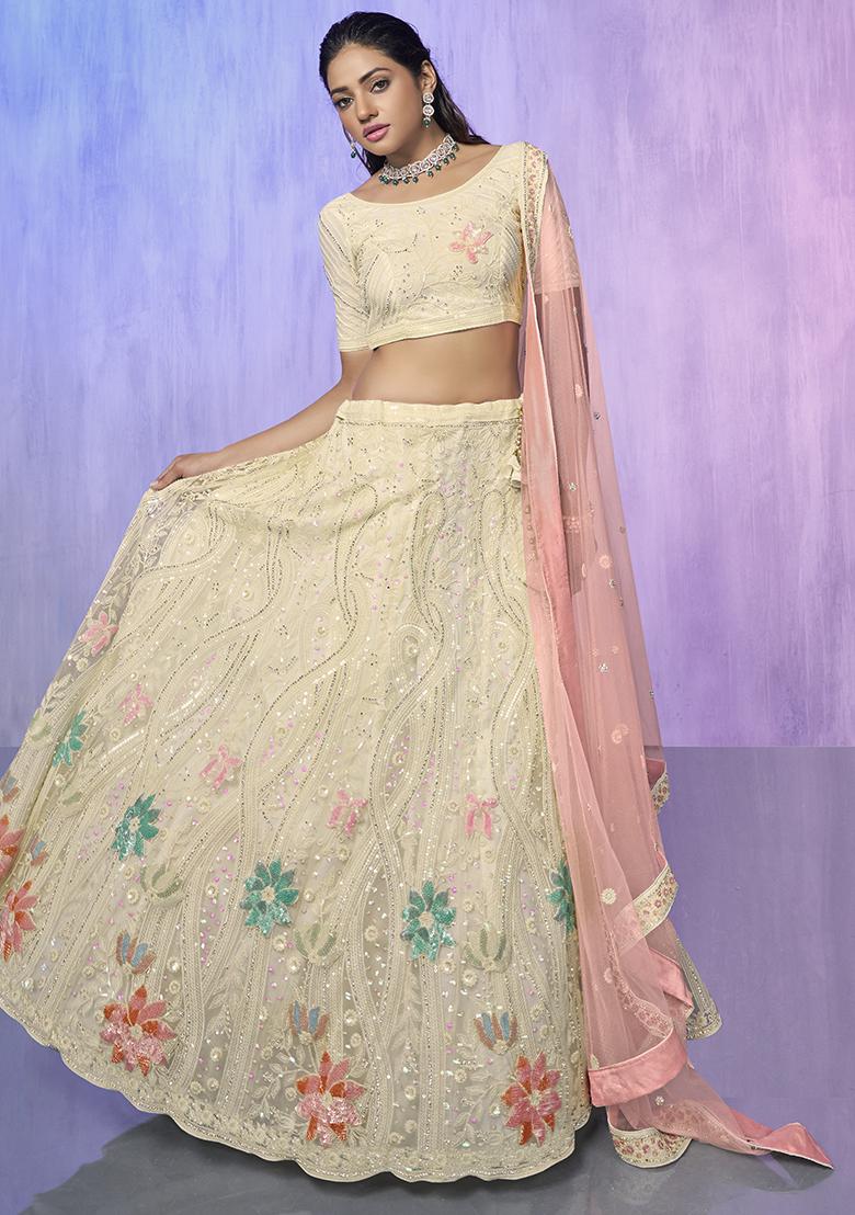 Off White Embroidered Net Lehenga Set
