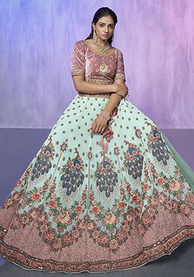 Aqua Blue Embroidered Velvet Lehenga Set