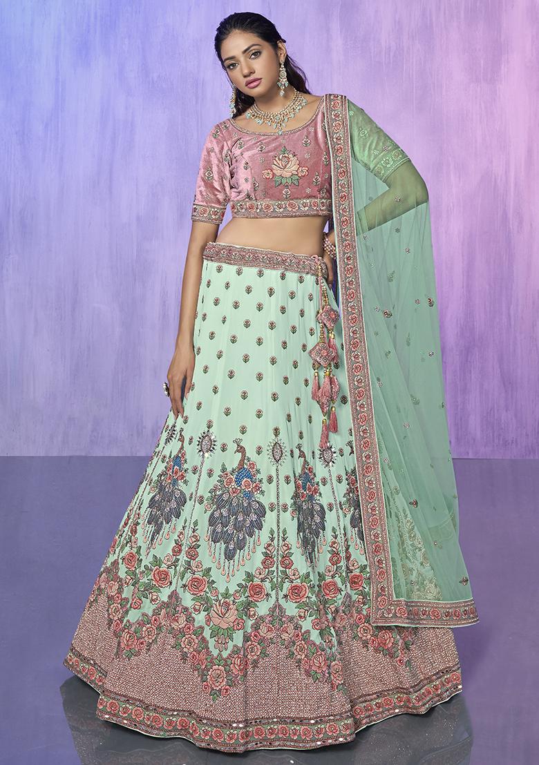 Aqua Blue Embroidered Velvet Lehenga Set
