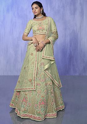 Green Embroidered Net Lehenga Set