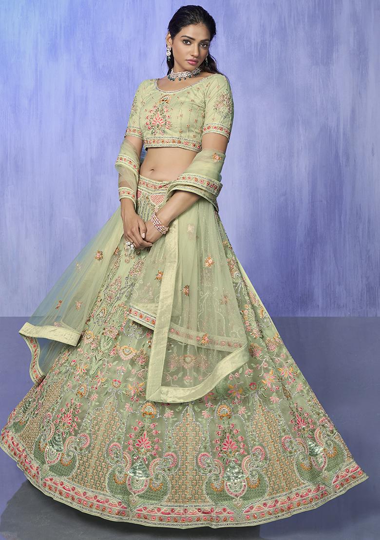 Green Embroidered Net Lehenga Set