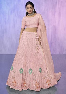 Peach Embroidered Net Lehenga Set