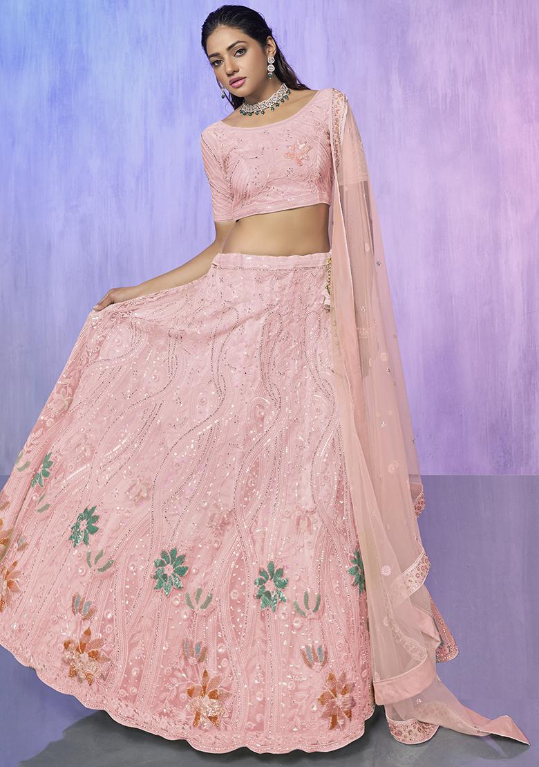 Peach Embroidered Net Lehenga Set