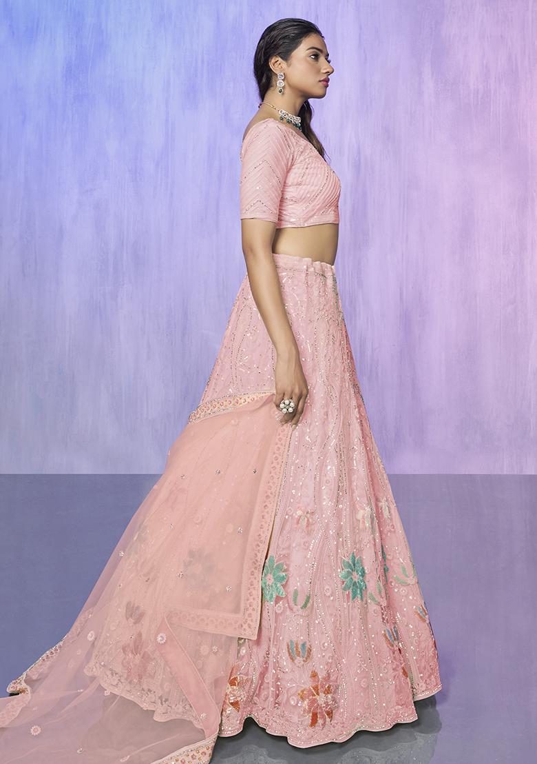 Peach Embroidered Net Lehenga Set