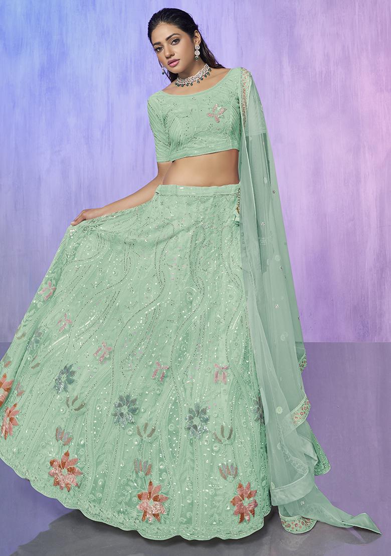 Aqua Blue Embroidered Net Lehenga Set