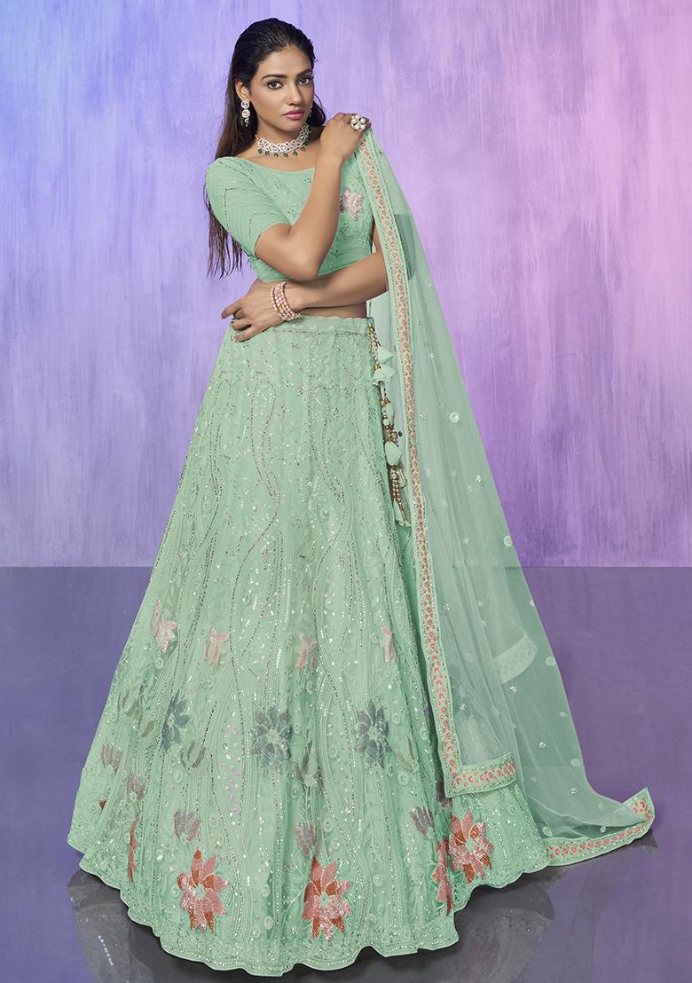 Aqua Blue Embroidered Net Lehenga Set