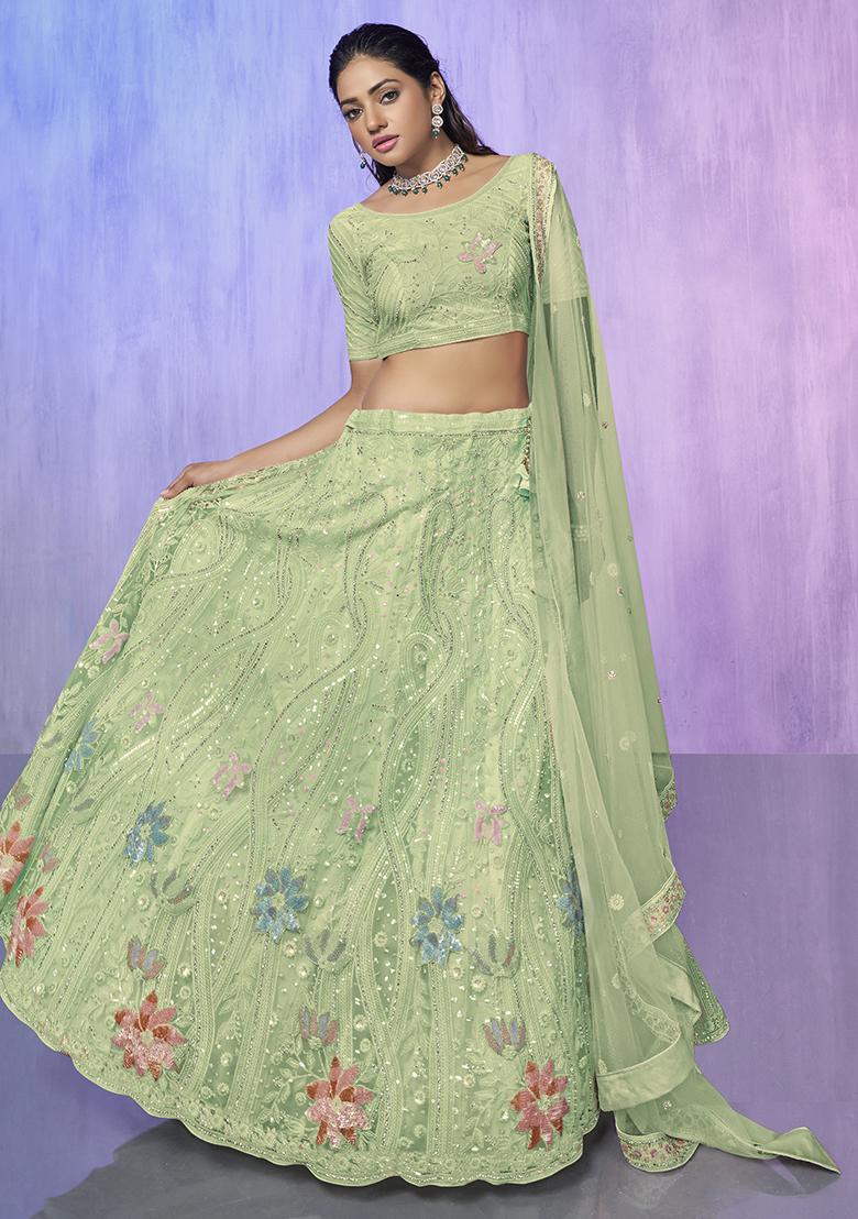 Sea Green Embroidered Net Lehenga Set