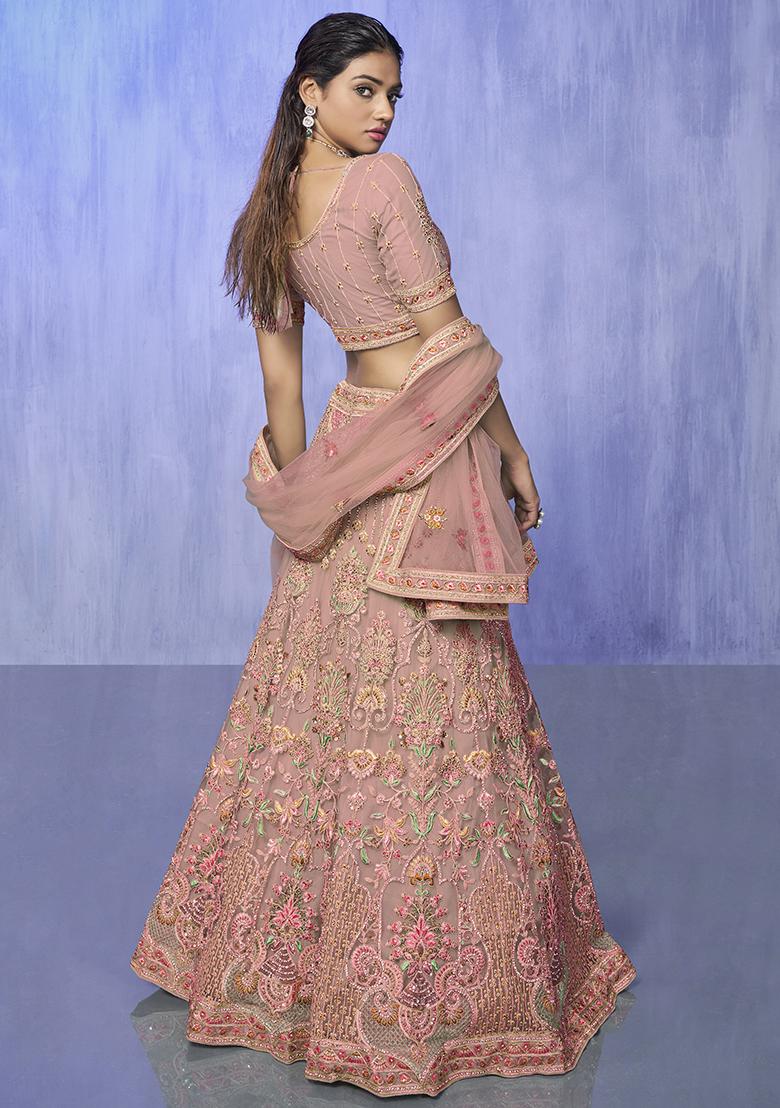 Peach Embroidered Net Lehenga Set