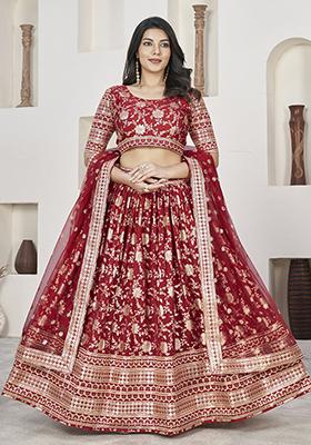 Red Embroidered Jacquard Lehenga Set