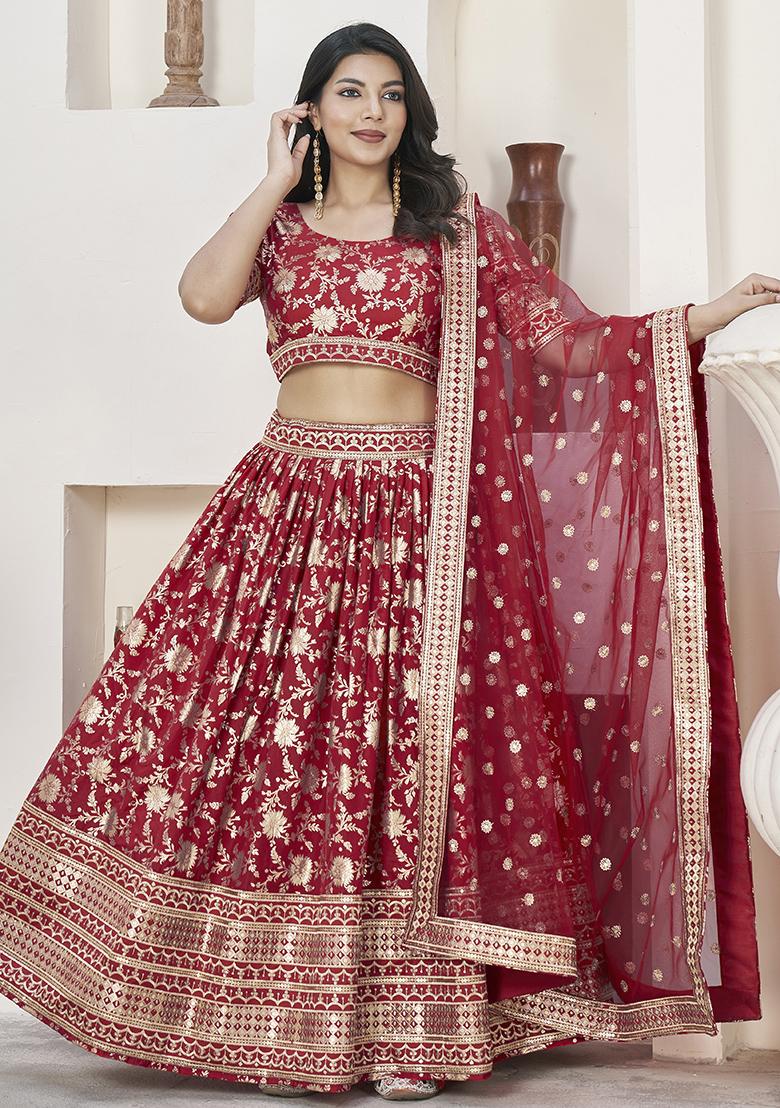 Red Embroidered Jacquard Lehenga Set