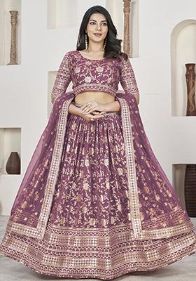 Brown Embroidered Jacquard Lehenga Set