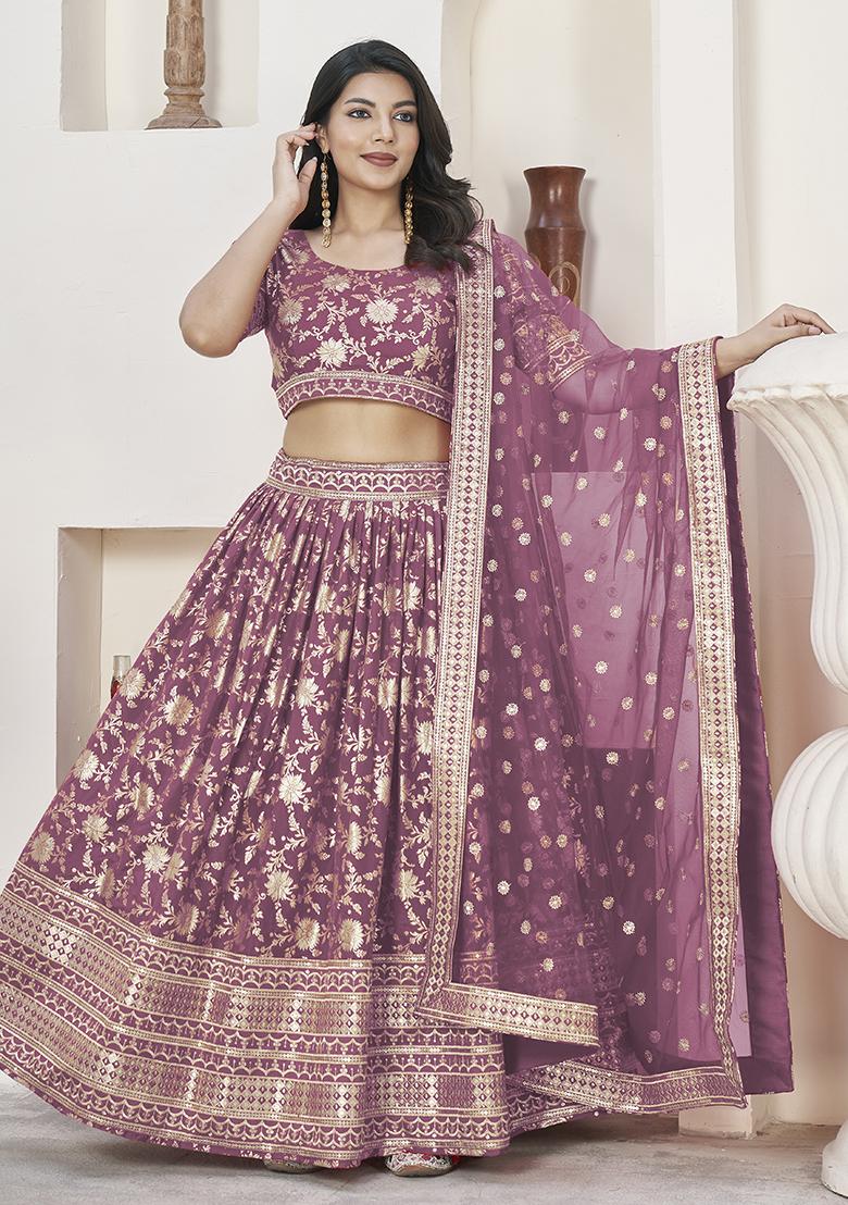 Brown Embroidered Jacquard Lehenga Set
