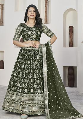 Green Embroidered Jacquard Lehenga Set