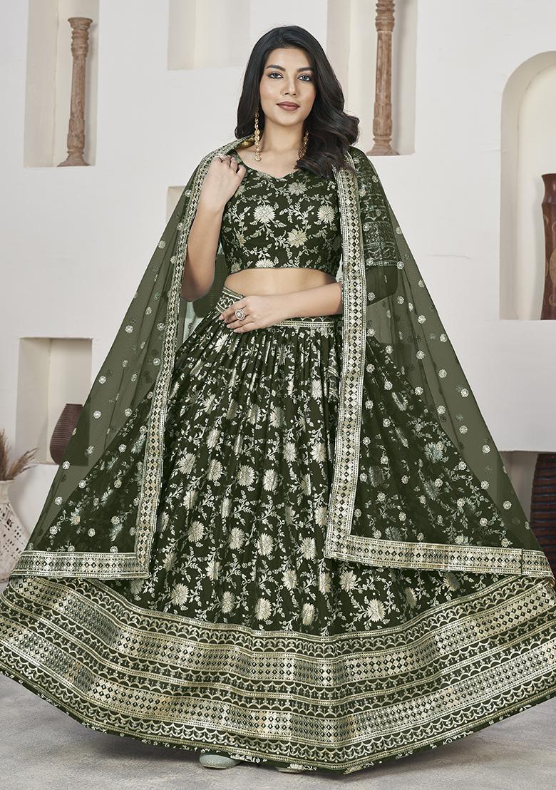 Green Embroidered Jacquard Lehenga Set