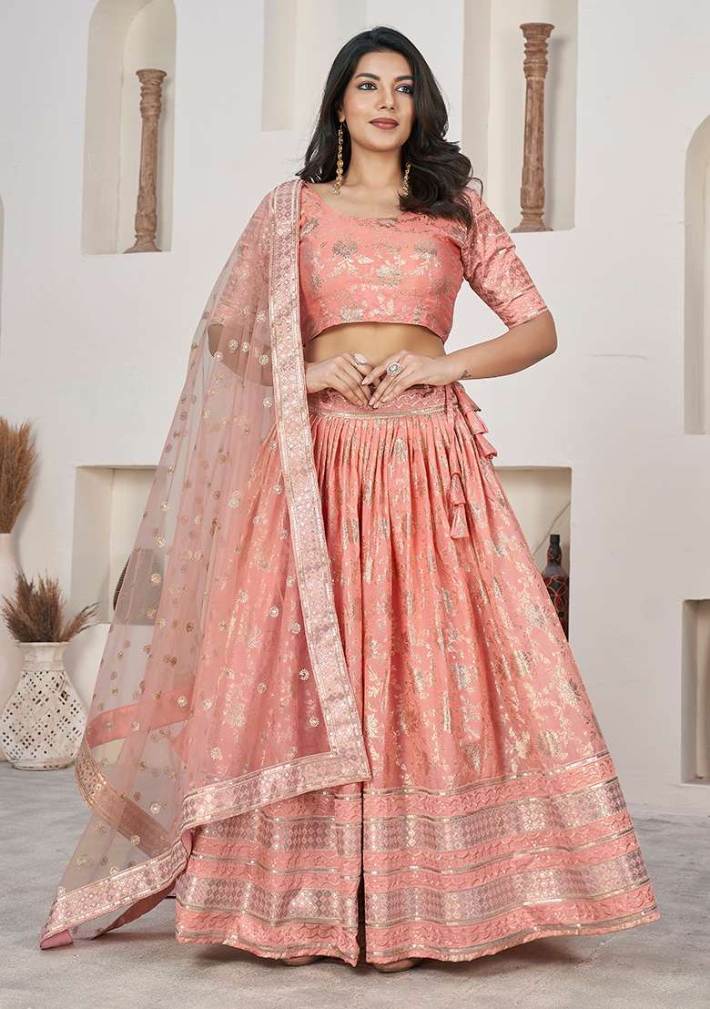 Peach Embroidered Jacquard Lehenga Set - Indya
