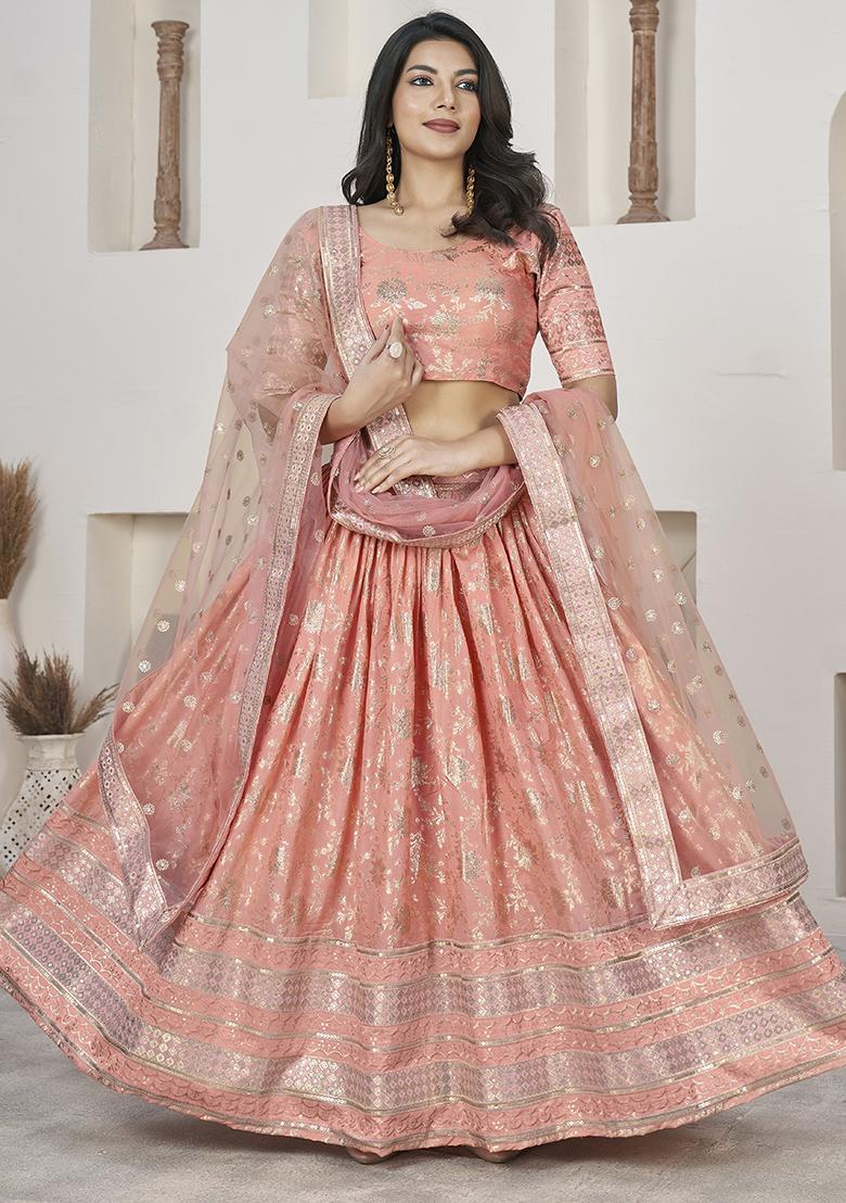 Peach Embroidered Jacquard Lehenga Set