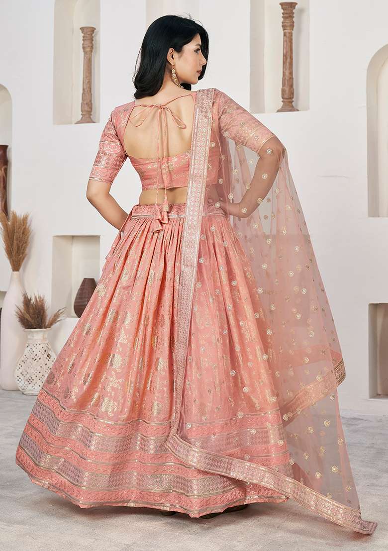Peach Embroidered Jacquard Lehenga Set - Indya