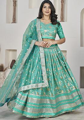Sea Green Embroidered Jacquard Lehenga Set