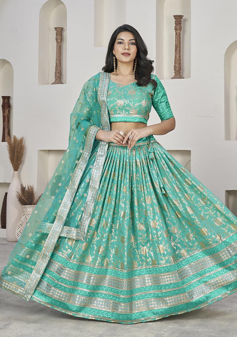 Sea Green Embroidered Jacquard Lehenga Set