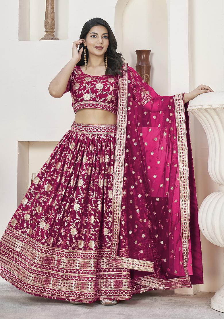 Pink Embroidered Jacquard Lehenga Set