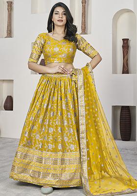 Yellow Embroidered Jacquard Lehenga Set