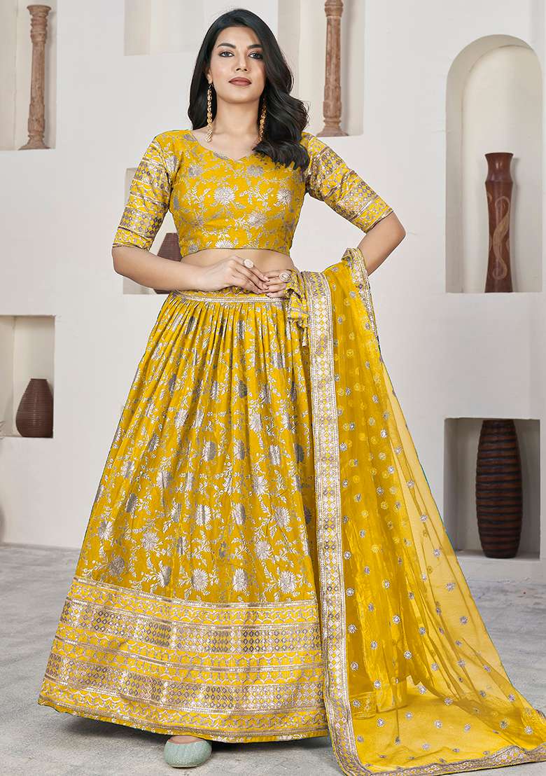 Yellow Embroidered Jacquard Lehenga Set - Indya
