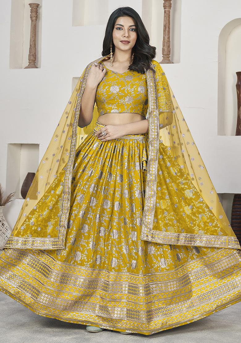 Yellow Embroidered Jacquard Lehenga Set