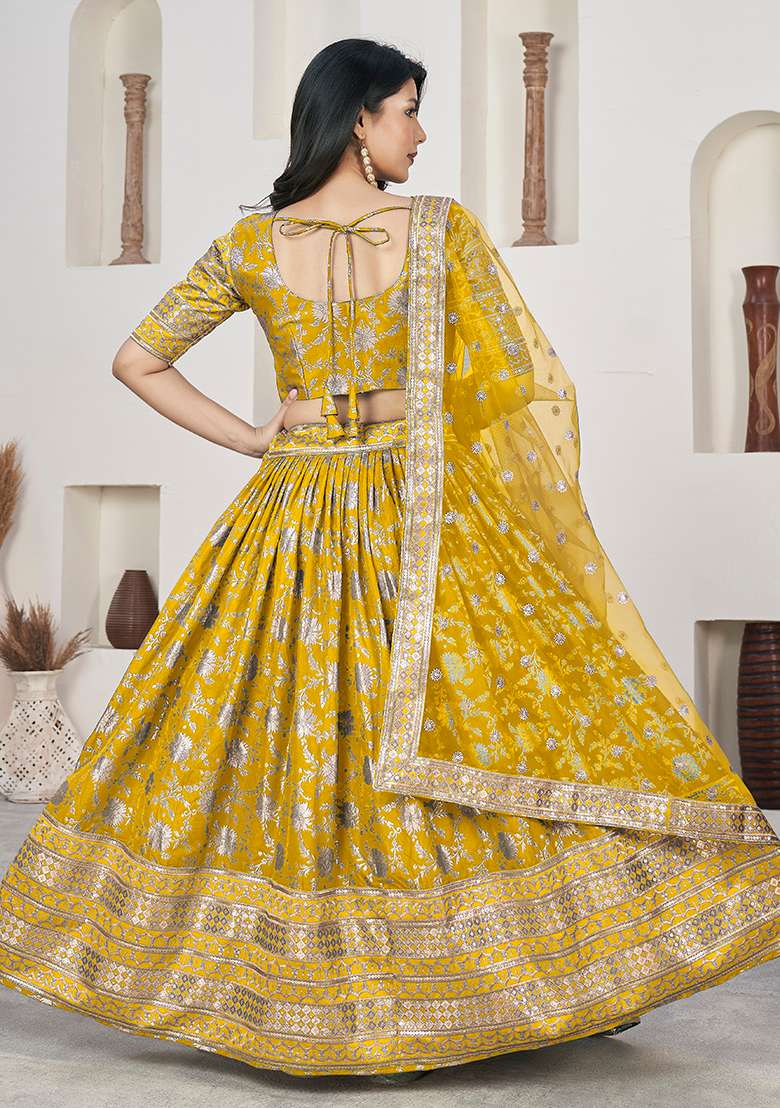 Yellow Embroidered Jacquard Lehenga Set - Indya