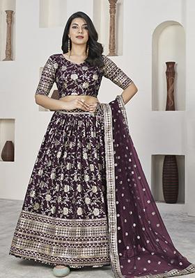 Wine Embroidered Jacquard Lehenga Set