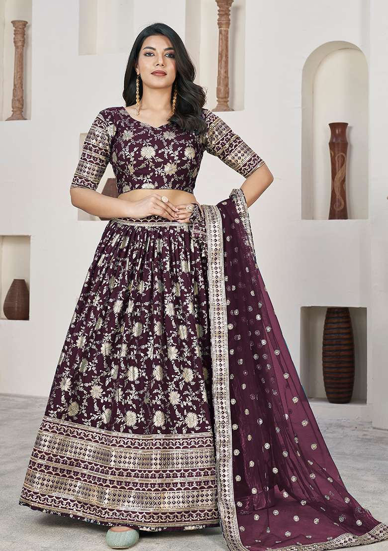 Wine Embroidered Jacquard Lehenga Set - Indya
