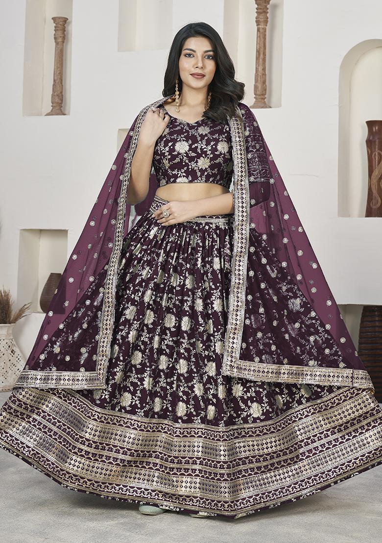 Wine Embroidered Jacquard Lehenga Set
