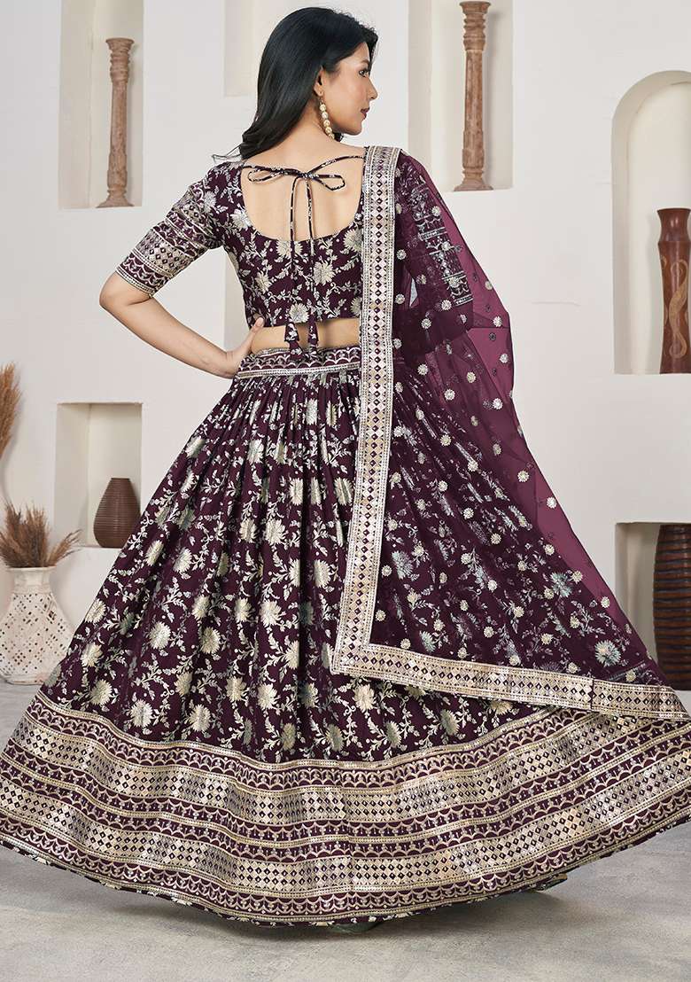 Wine Embroidered Jacquard Lehenga Set - Indya