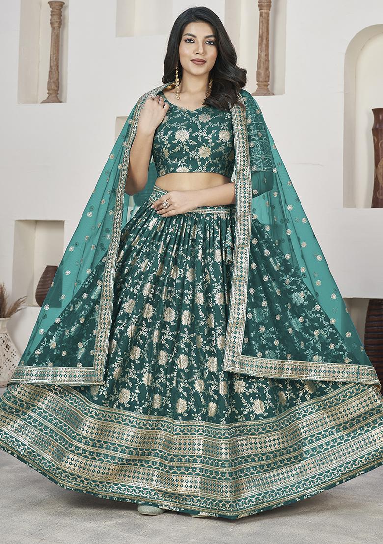 Rama Blue Embroidered Jacquard Lehenga Set