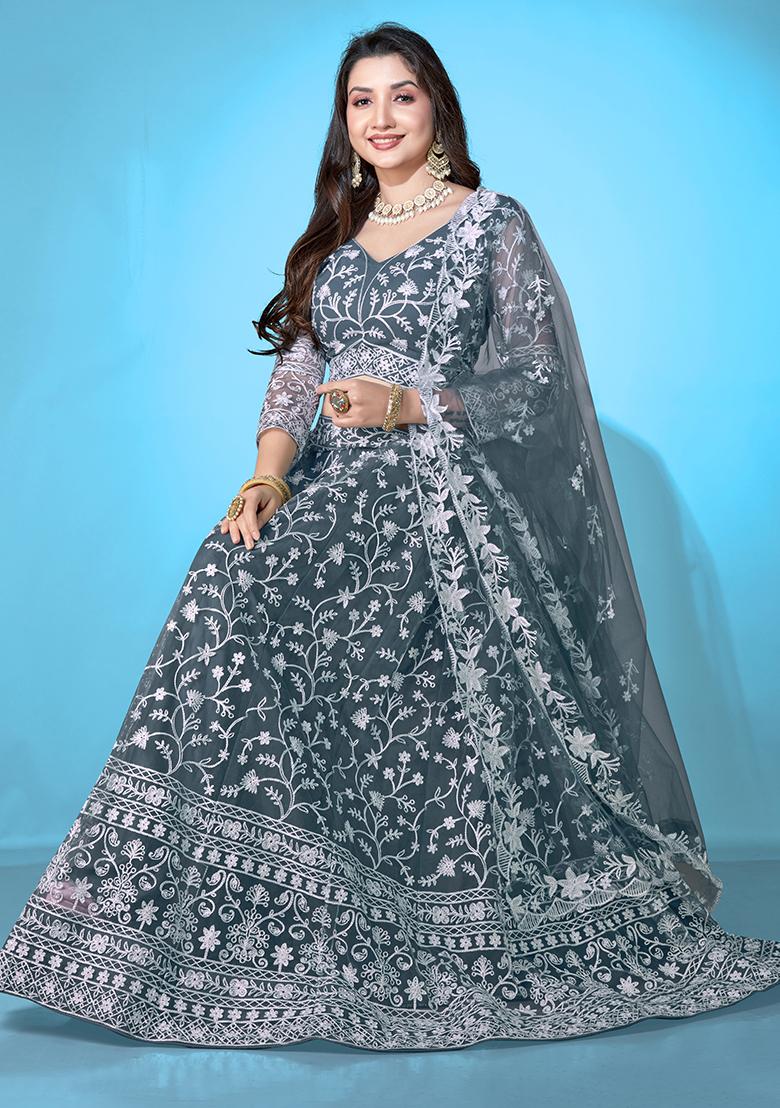 Lime Green Embroidered Net Lehenga Set