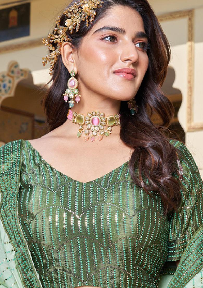 Green Sequin Embroidered Chinon Lehenga Set