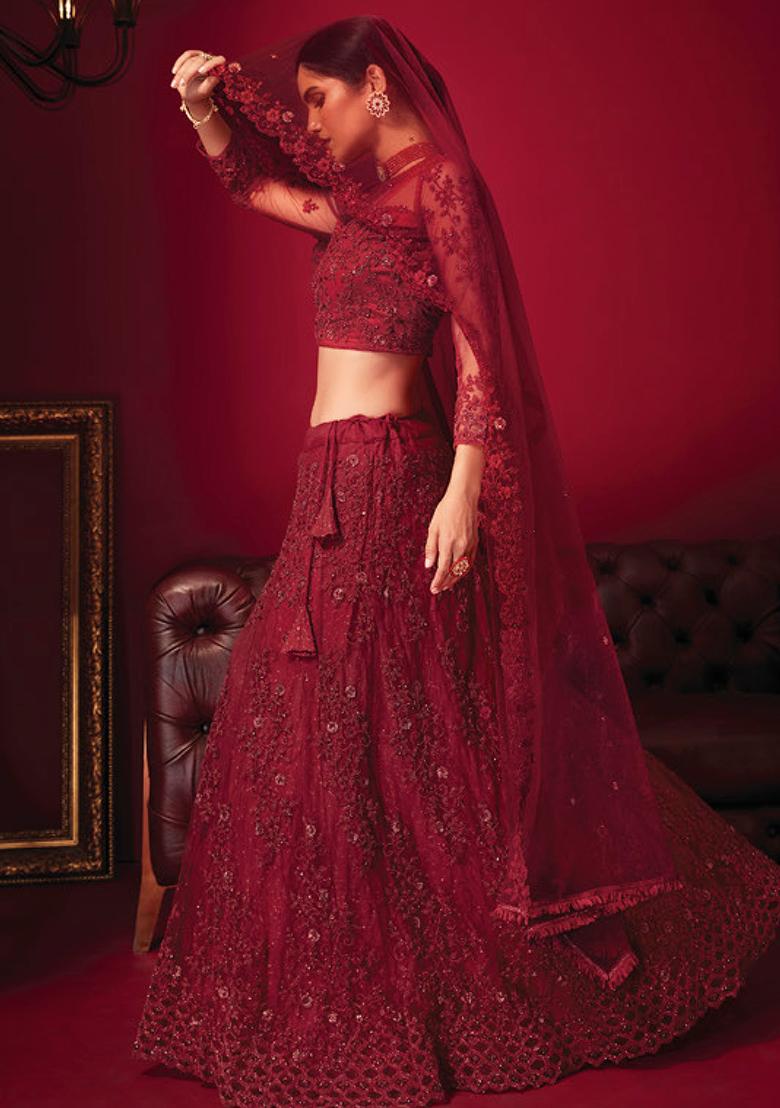 Red Sequin Embroidered Net Lehenga Set