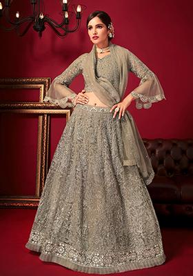 Grey Sequin Embroidered Net Lehenga Set