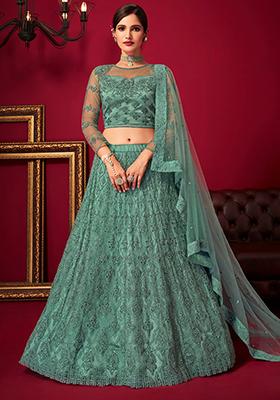 Turquoise Sequin Embroidered Net Lehenga Set