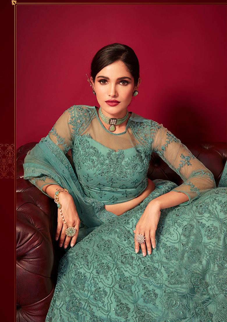Turquoise Sequin Embroidered Net Lehenga Set