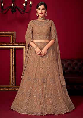Peach Sequin Embroidered Net Lehenga Set